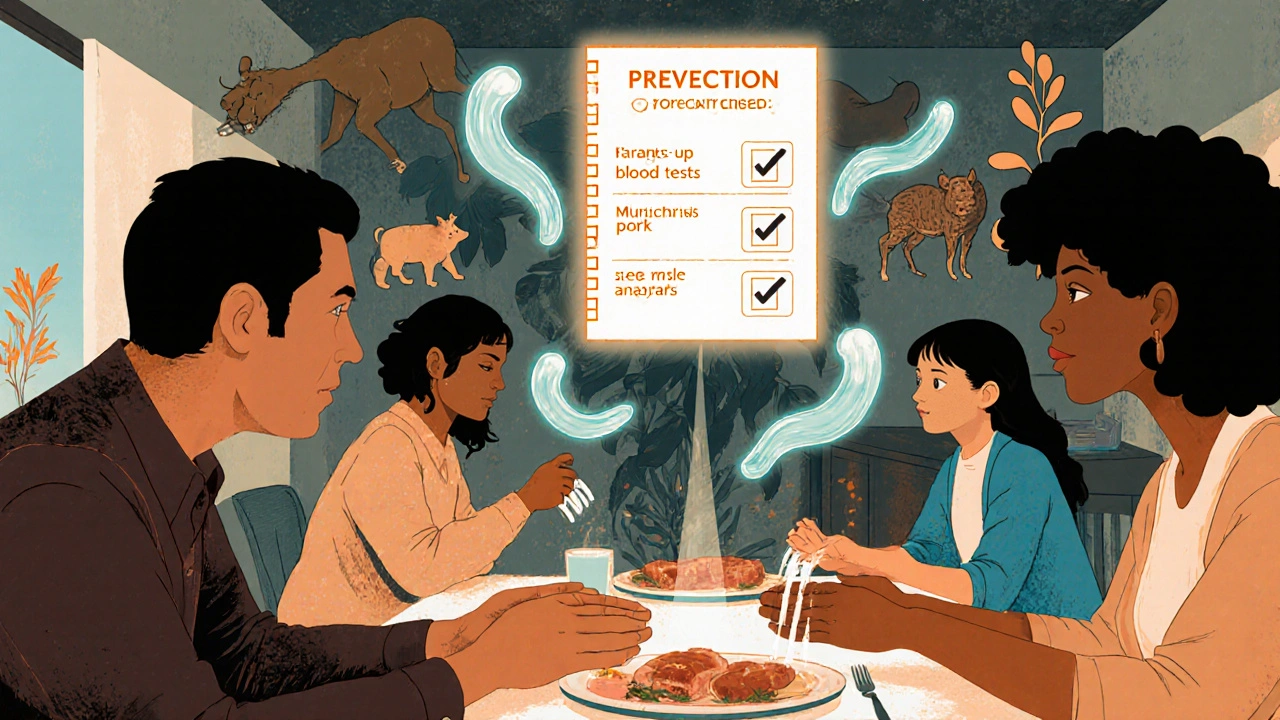 A family practicing hygiene as ghostly worms fade from contaminated food and soil