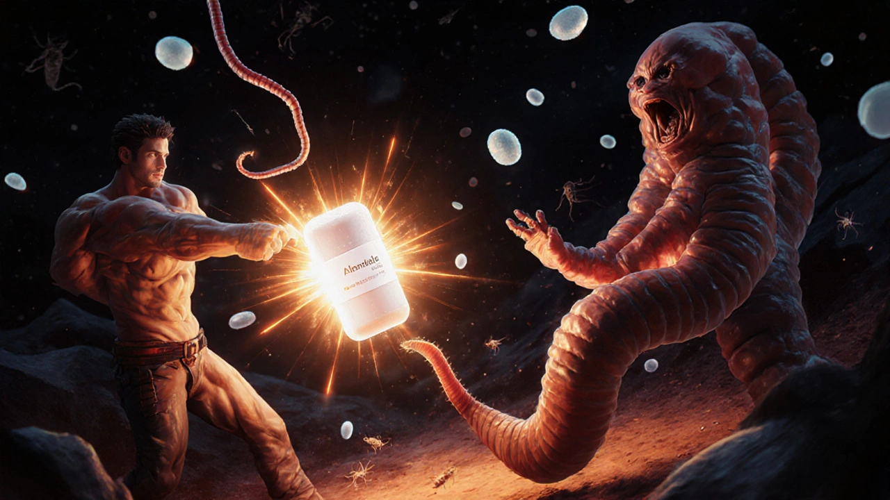 A medicine tablet battling parasitic worms in a surreal intestinal battlefield