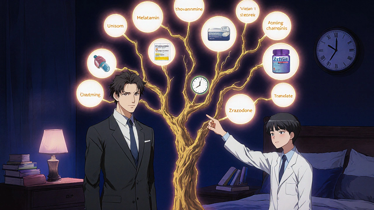 Anime-style depiction of a doctor and decision tree showing various sleep aids.