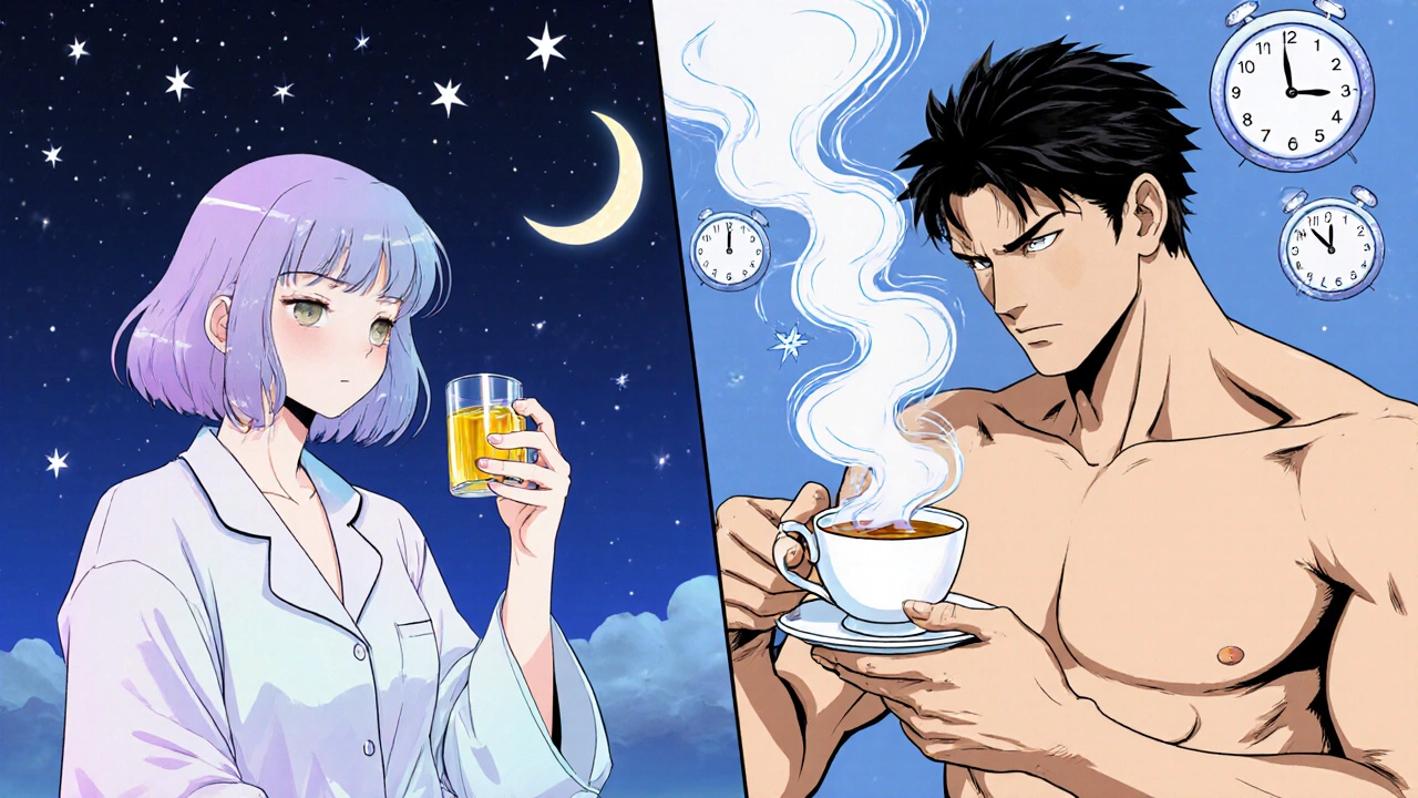 Anime-style split scene of melatonin glass and valerian tea under a night sky.