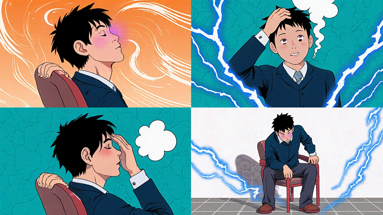 Araki‑style figures depict dizziness, nasal congestion, headache, and low blood pressure.