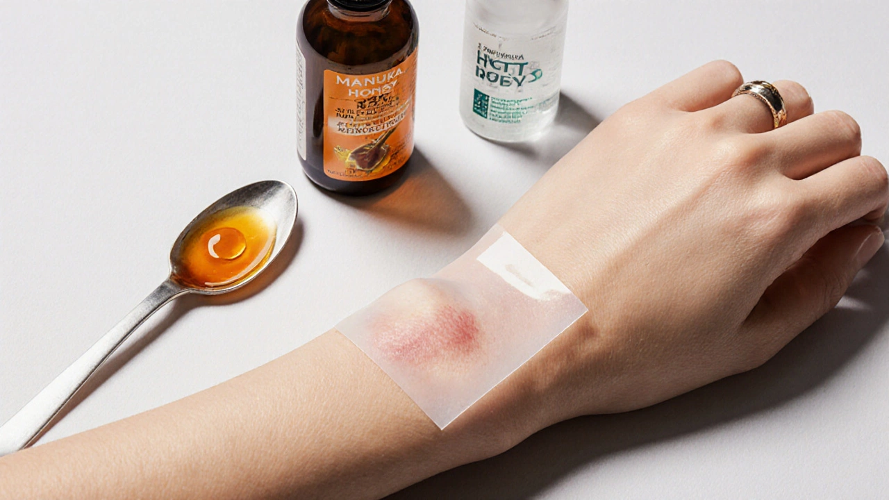 Close‑up of silicone sheet, vitamin C serum, honey, and glycolic acid toner on scar.