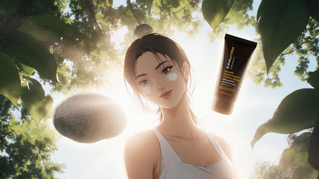 Confident woman with brighter, even skin after regular facial massage, sunlight behind.