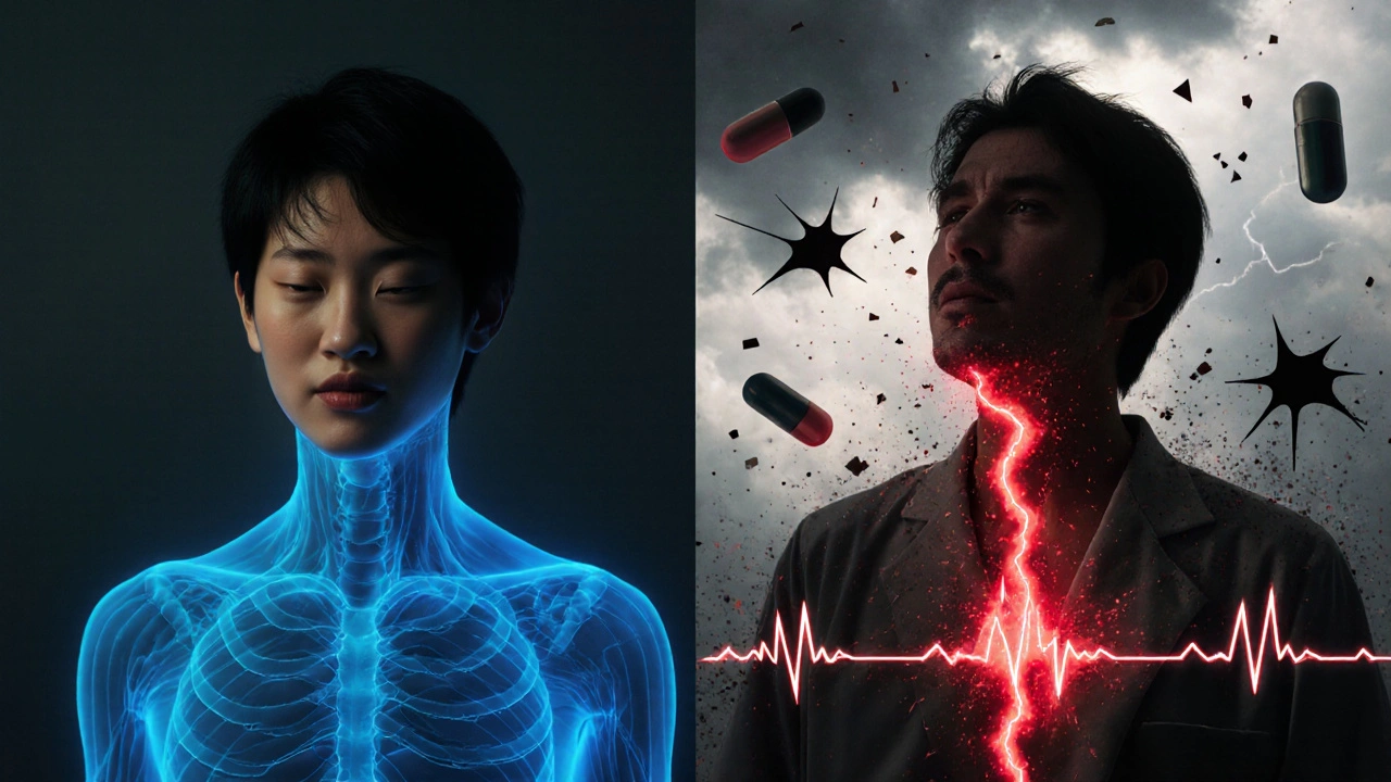 Contrasting scenes of methadone safety and cardiac danger, with lightning erupting from the chest in dramatic anime style.