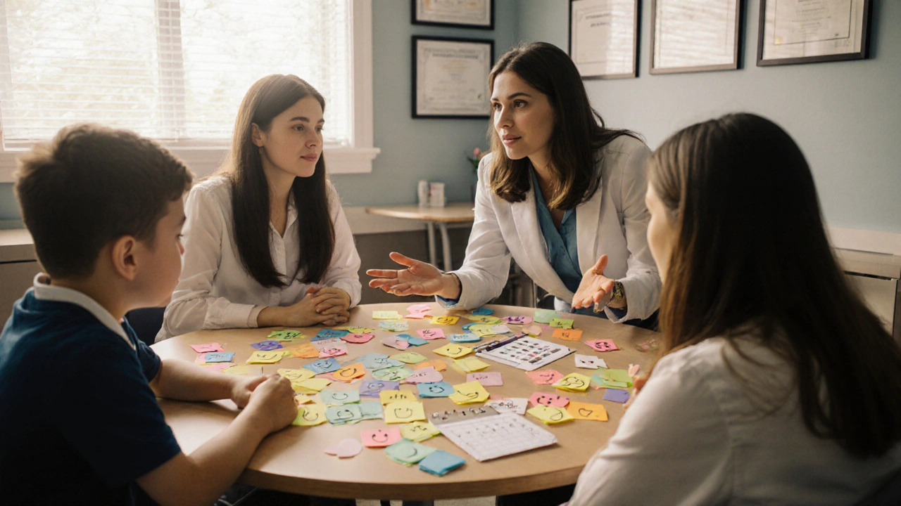 Counselor&#039;s office with parent, teacher, and child discussing a plan, surrounded by supportive notes.
