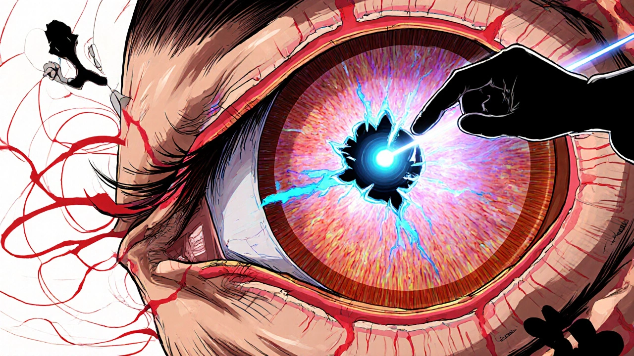 Cross‑section of an eye with stretched sclera, shifting vitreous, and a glowing retinal tear.