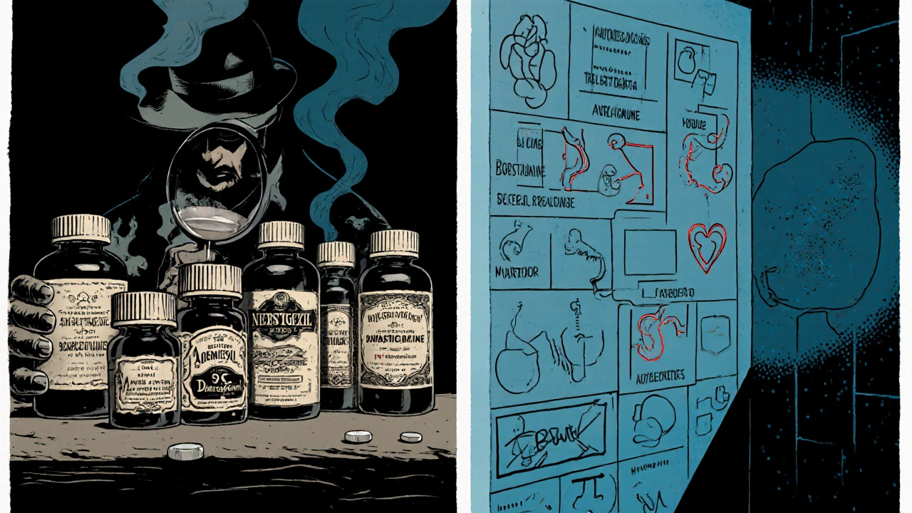 Detective compares five drug bottles and a hand‑drawn chart of effects in a smoky noir setting.