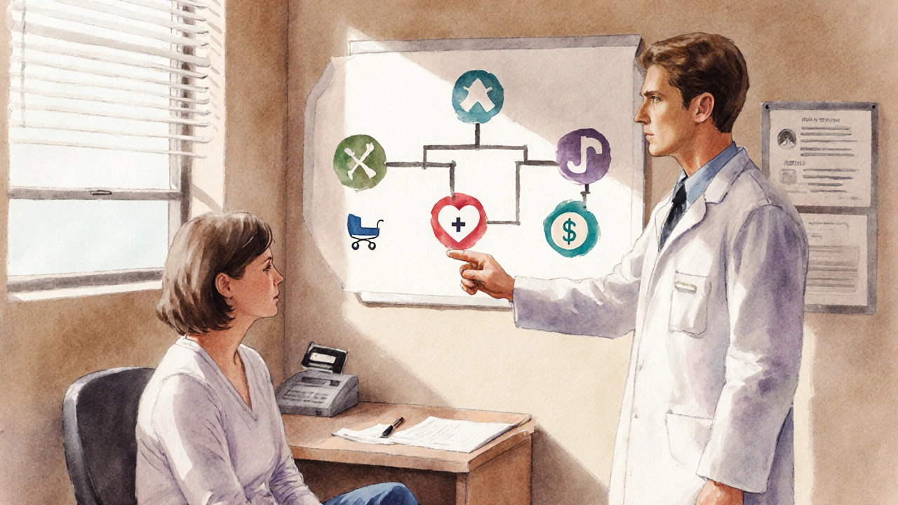 Doctor and patient discussing antibiotic choices with floating decision icons.