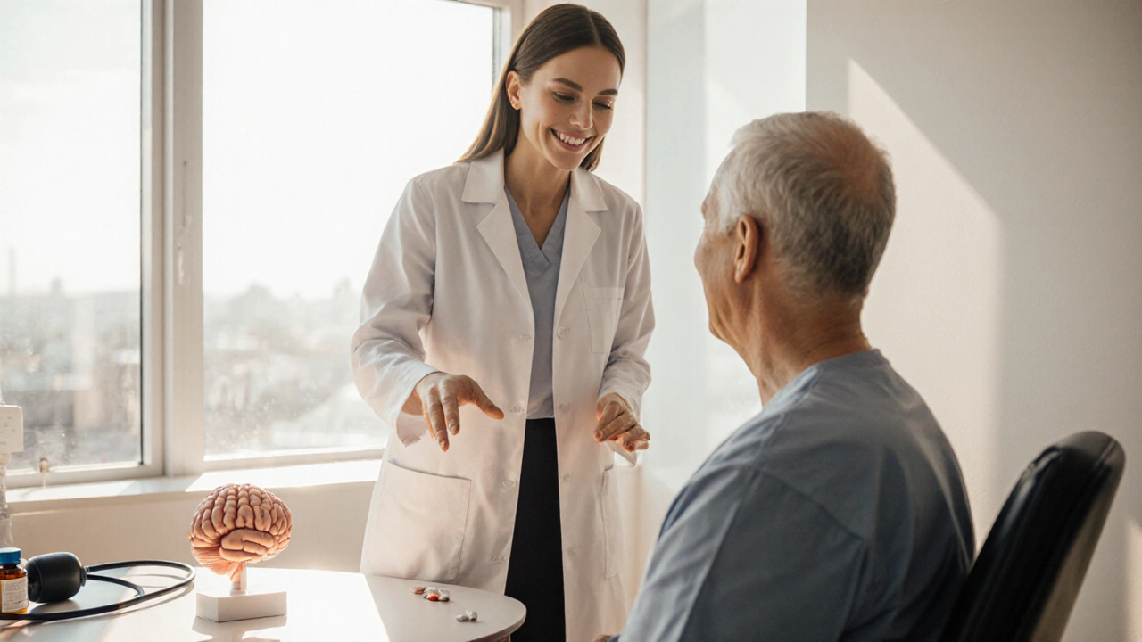 Doctor consulting a patient about TIA prevention in a bright clinic.