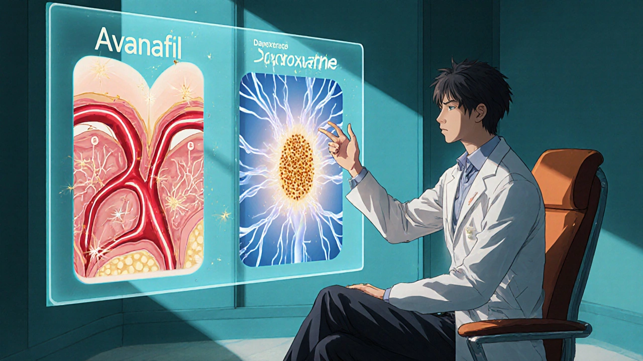Doctor pointing at holographic diagrams of Avanafil's blood flow and Dapoxetine's serotonin synapse.