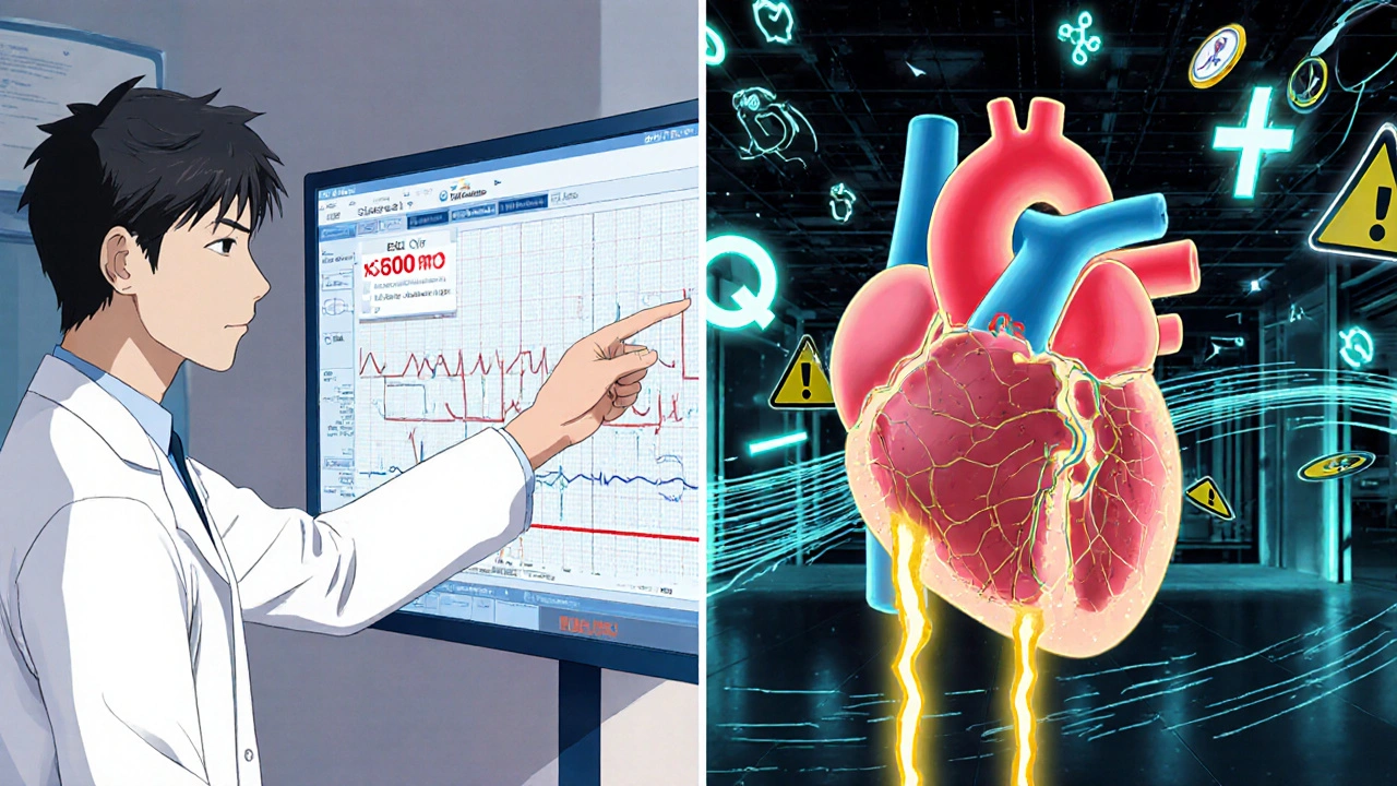 Doctor pointing to an ECG monitor while a patient&#039;s heart shows cracked potassium channels in stylized anime art.