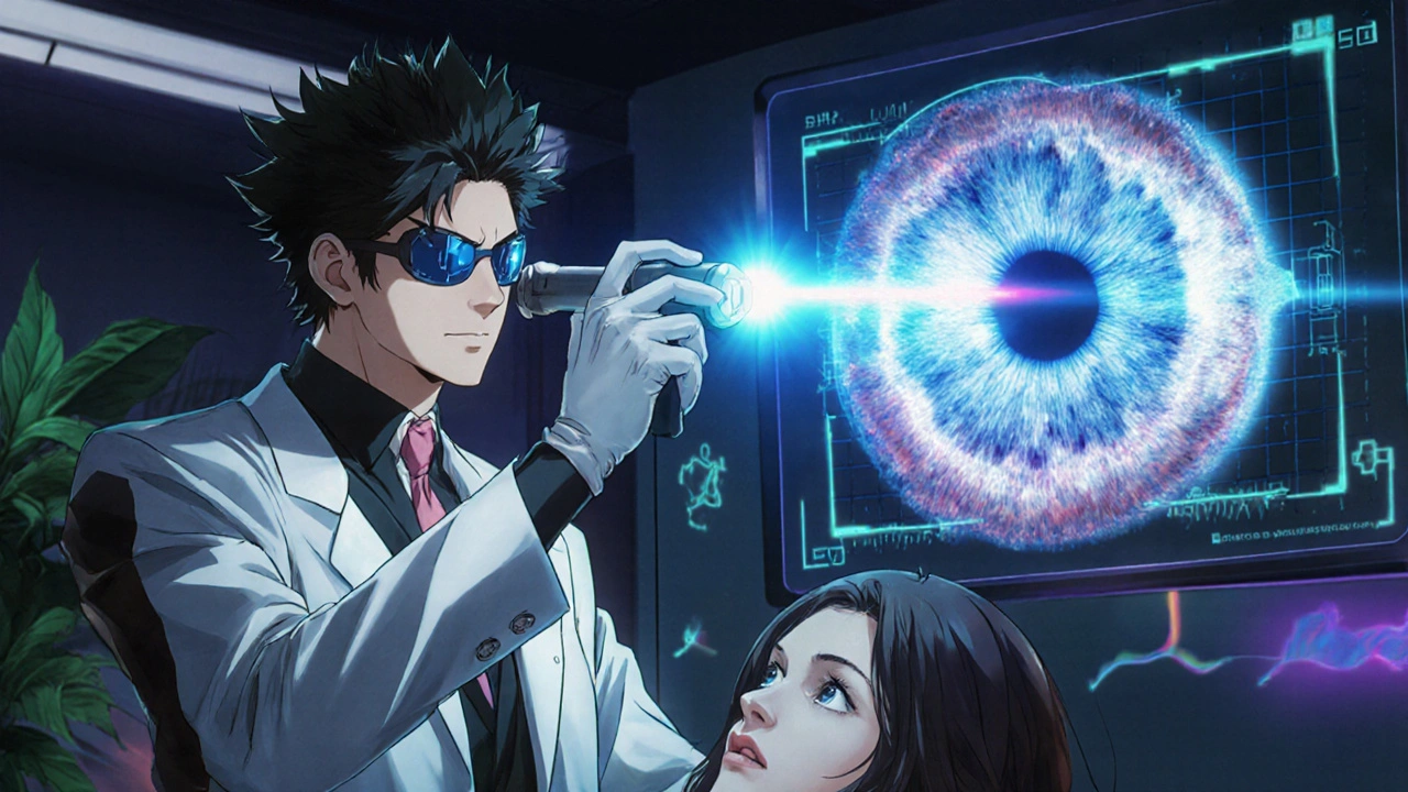 Doctor using a laser on a patient’s eye in a futuristic clinic with holographic retina display.