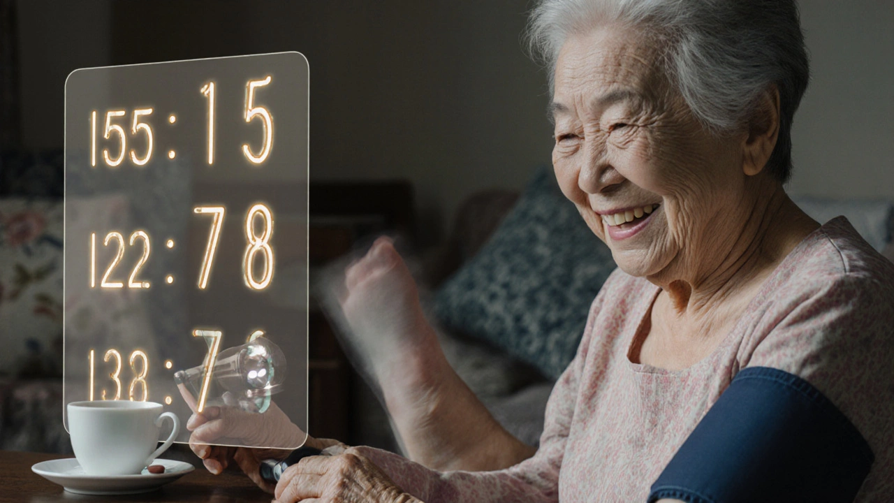 Elderly woman smiling while checking her blood pressure at home, with fading swelling and glowing readings showing improved health.