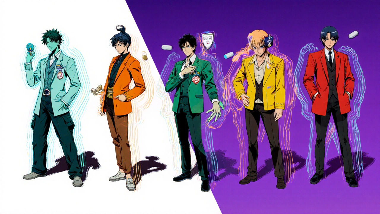 Five distinct characters representing different HIV regimens, each with unique aura.