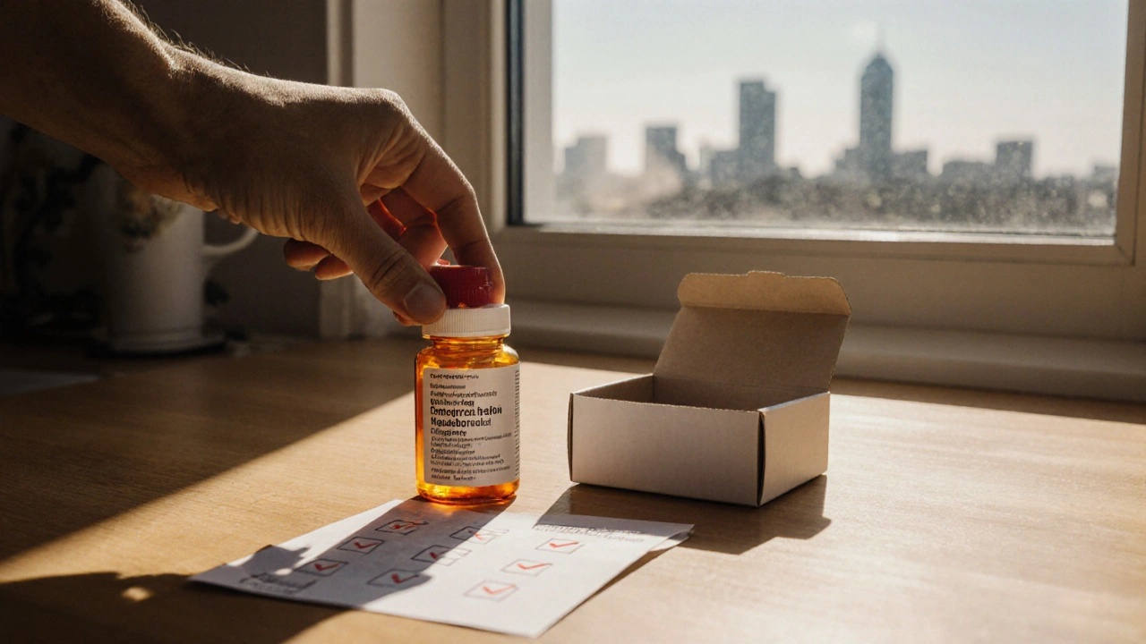 Hand holding generic rosuvastatin bottle on counter beside delivery box and checklist.