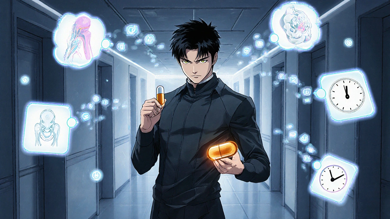 Hero weighs Shallaki and ibuprofen capsules amid holographic joint icons and thought bubbles.