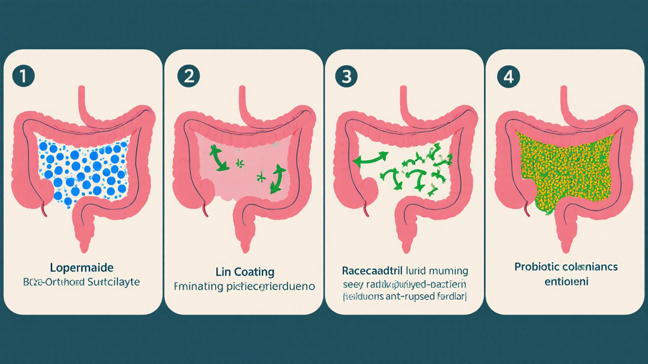 Illustrated panels showing how different anti‑diarrheal drugs work in the gut.