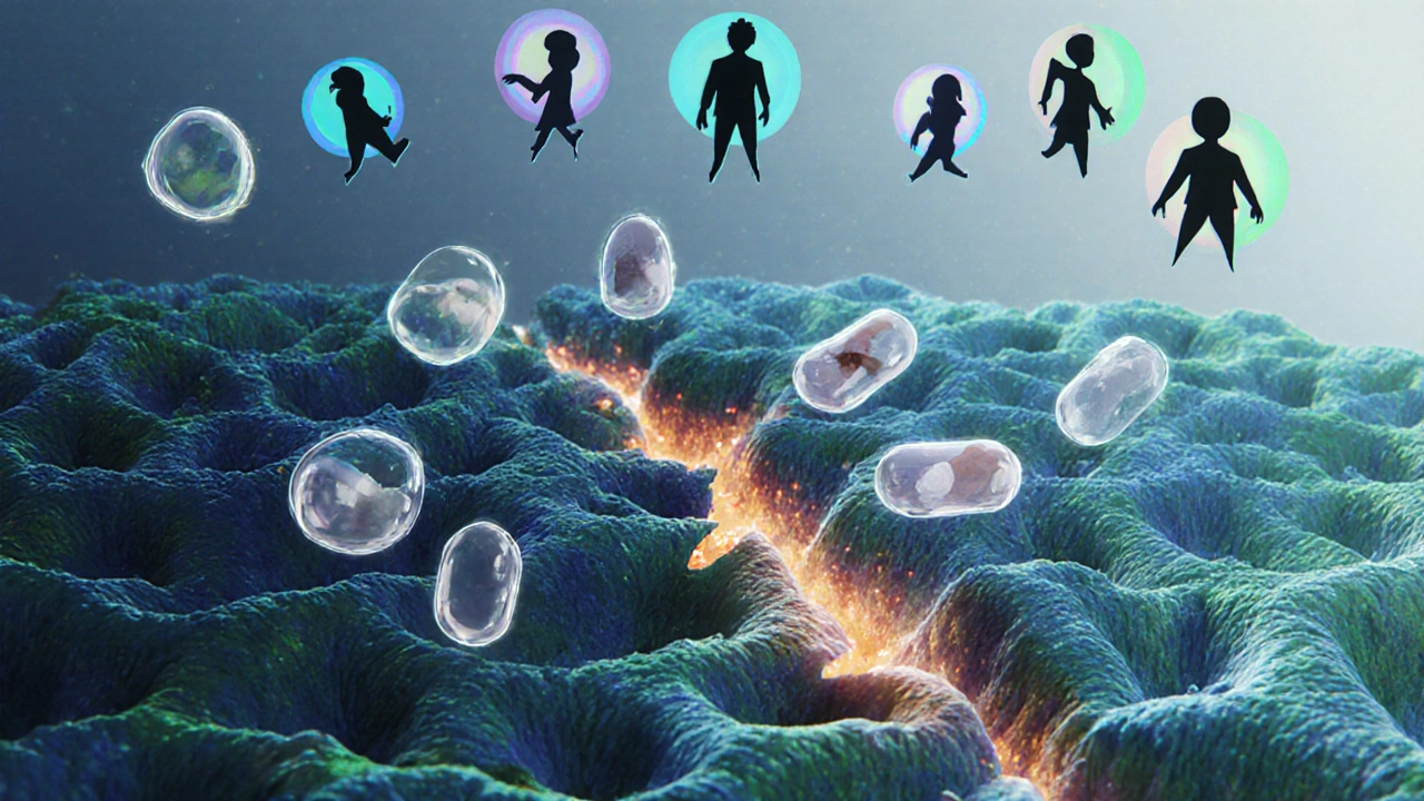 Illustration of bacterial cell wall being broken by Cephalexin molecules.
