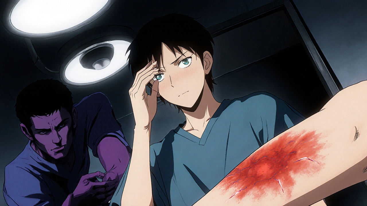 Man concerned about eye surgery, a rash, and painful groin discomfort in a dramatic scene.