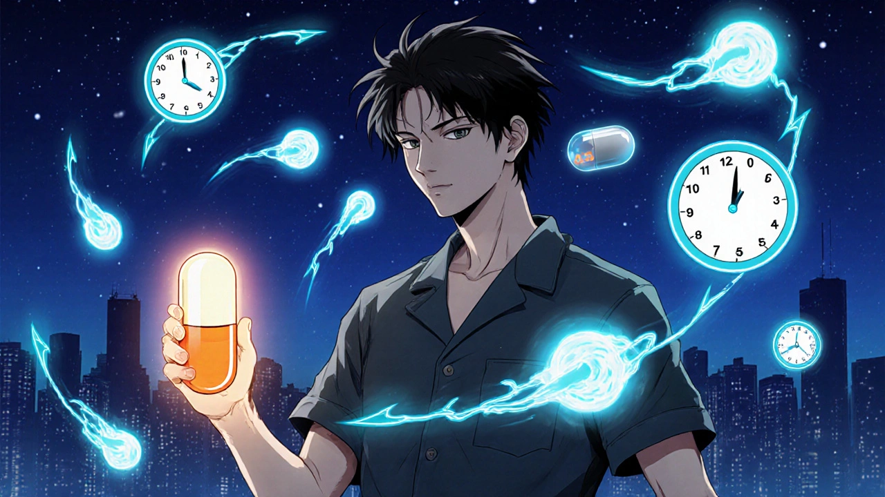 Man holds glowing melatonin capsule while neon sperm swirl around him.