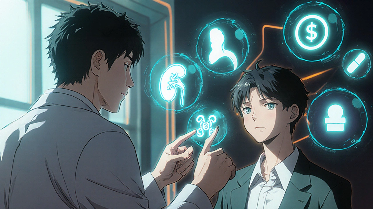 Patient and doctor surrounded by floating icons for kidney, bone, genetics, pill, and cost.