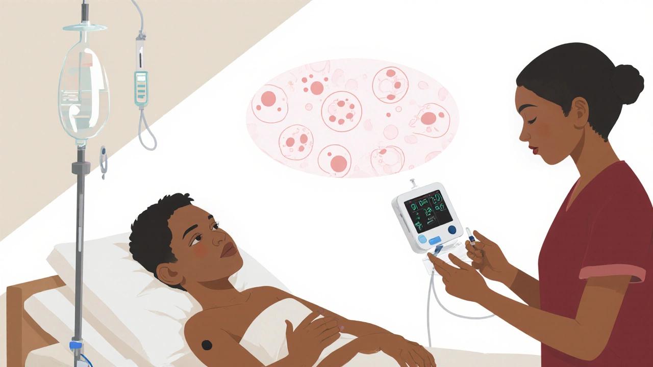 Patient receiving IV Chloramphenicol in a modest clinic, caregiver monitoring blood counts.