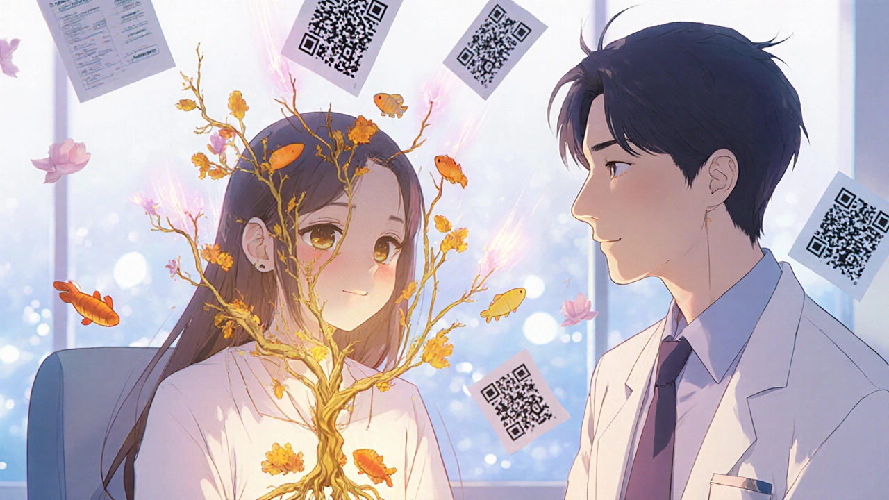 Patient with natural remedies growing from their chest as steroid effects fade, in a calm clinic setting.