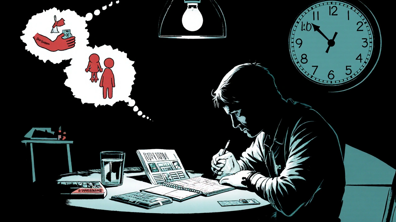 Patient writes in a diary at night with pills, a patch, and thought bubbles about medication choices.