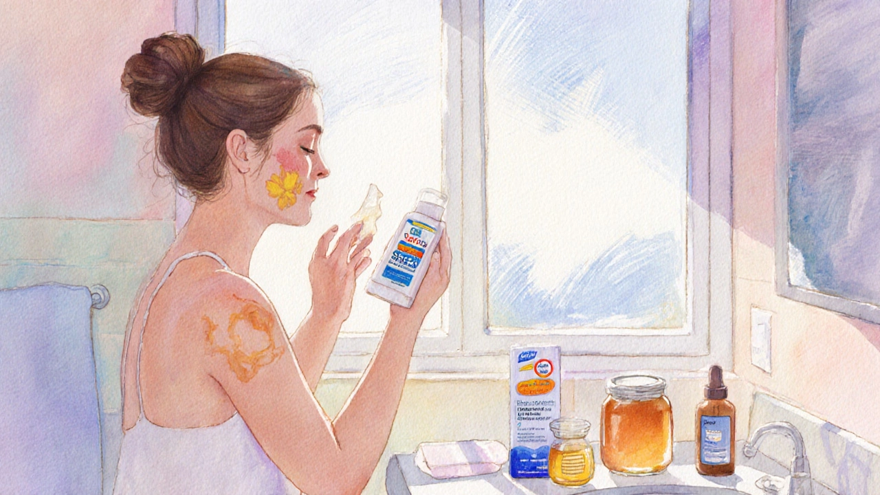 Person applying sunscreen to healed scar with scar‑care products nearby.