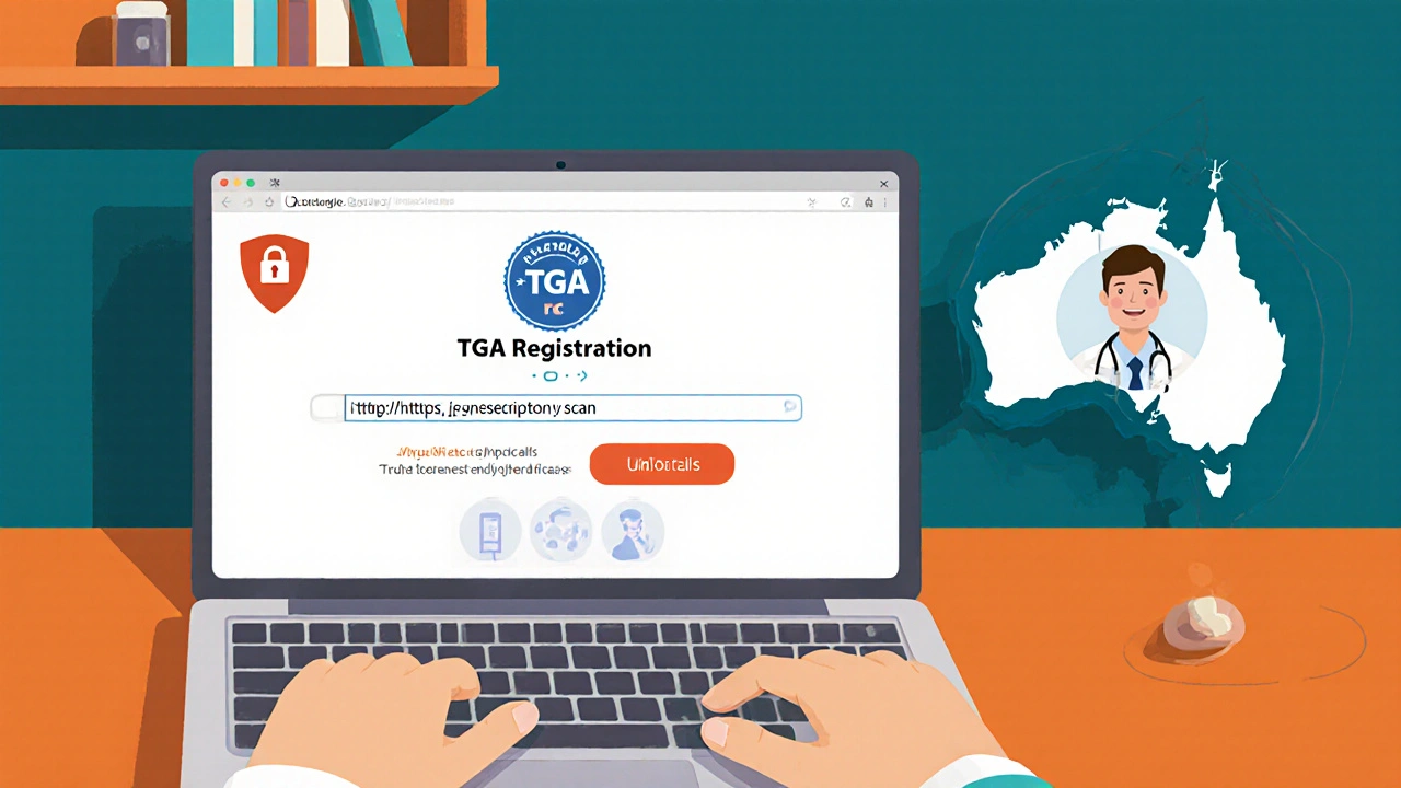 Person using laptop to verify TGA registration and upload prescription, with virtual doctor on screen.