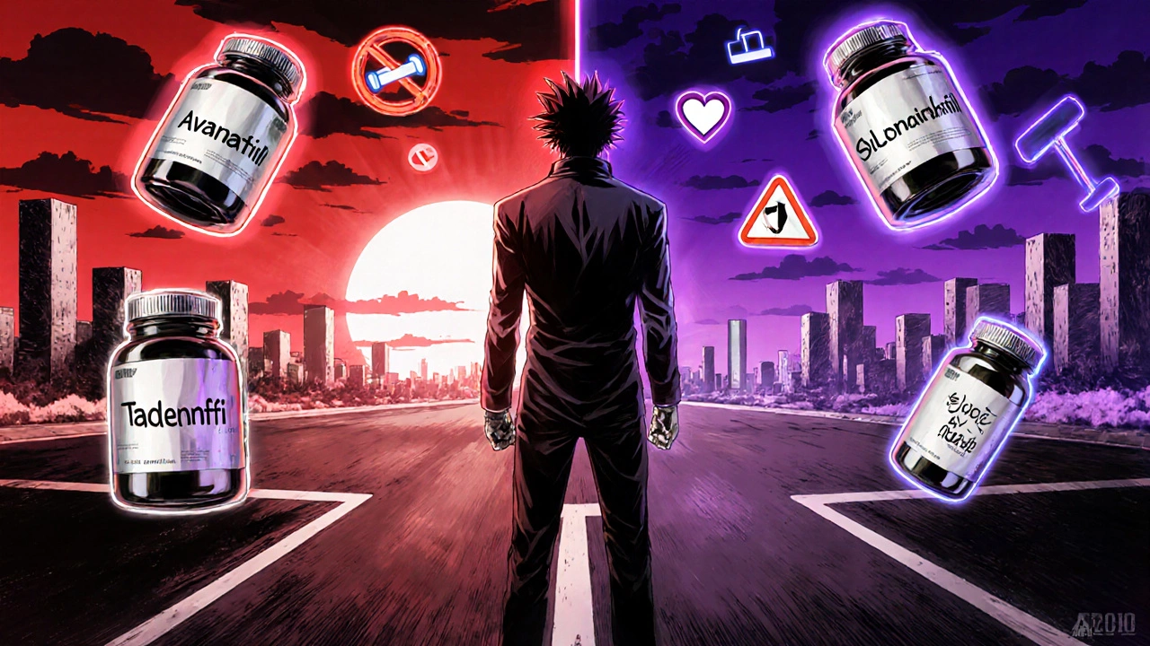 Protagonist at crossroads choosing between ED and PE treatments, surrounded by pill icons and lifestyle symbols.