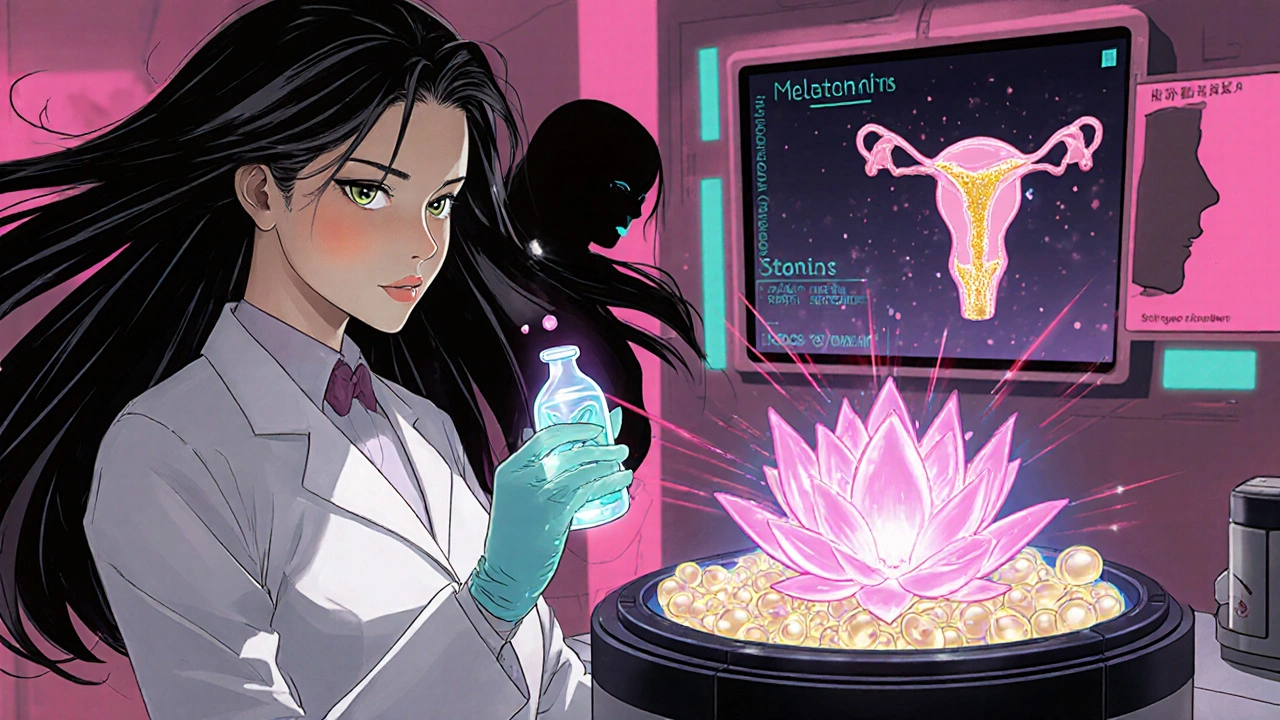 Researcher sprays luminous melatonin onto oocytes in a futuristic fertility lab.