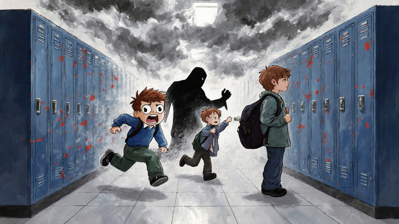 School hallway scene showing hyperactive and defiant kids amid a bullying incident, with stormy visual motifs.