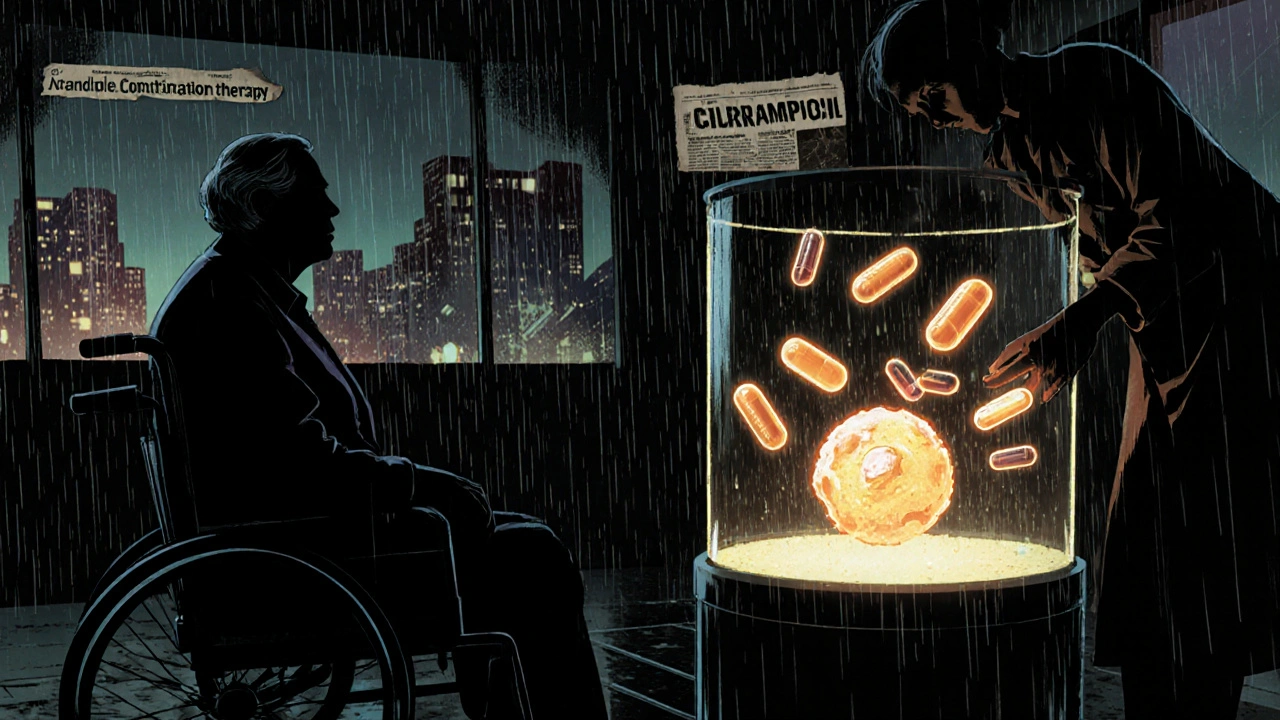 Scientist releases glowing nanocarriers of chlorambucil toward tumor in futuristic lab.