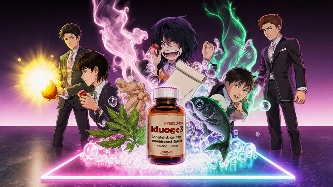 Six characters represent turmeric, ginger, omega‑3, willow bark, ibuprofen, and Shallaki capsules.