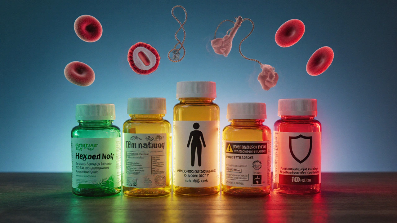 Six pill bottles with colored halos surrounded by icons for side effects and safety.