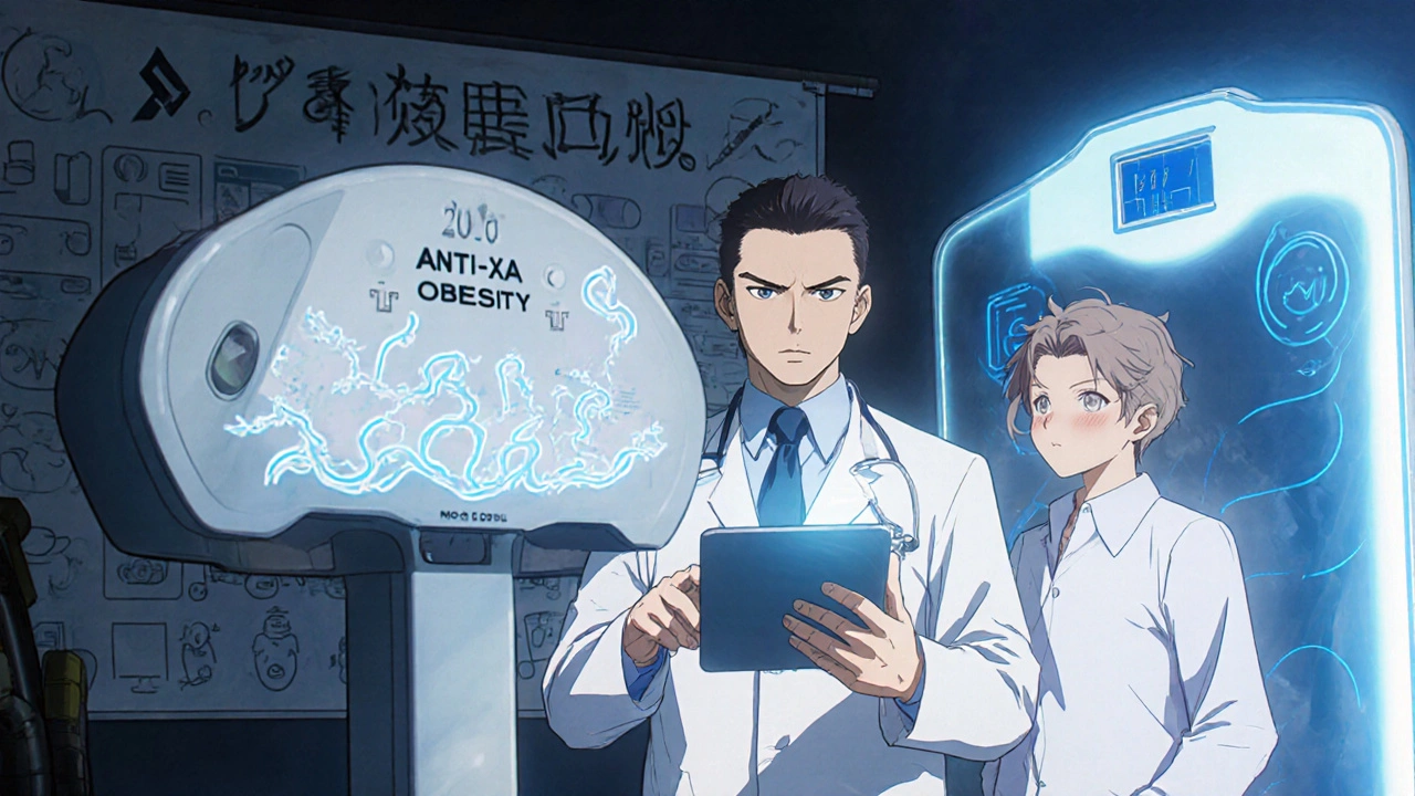 Specialist reviews drug levels for an extremely heavy patient using futuristic monitoring tools.