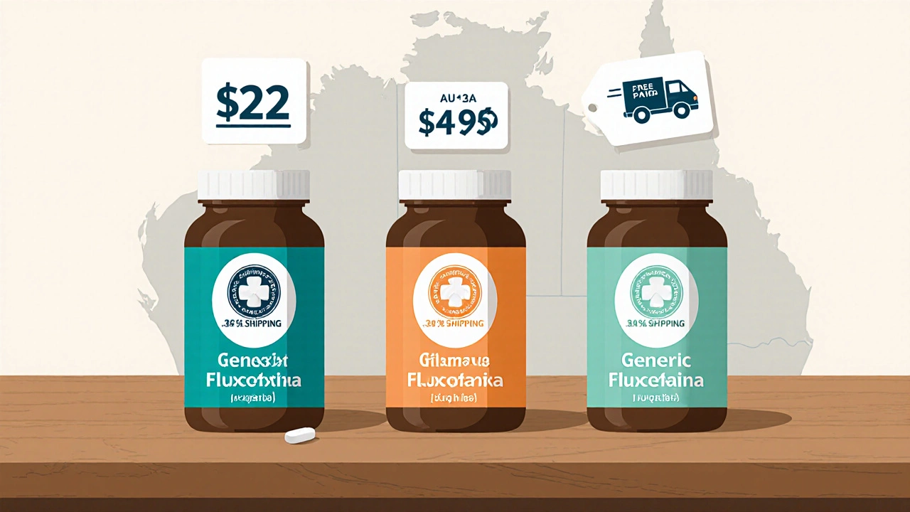 Three fluoxetine pill bottles with price tags, shipping icons, and TGA seals on a countertop.