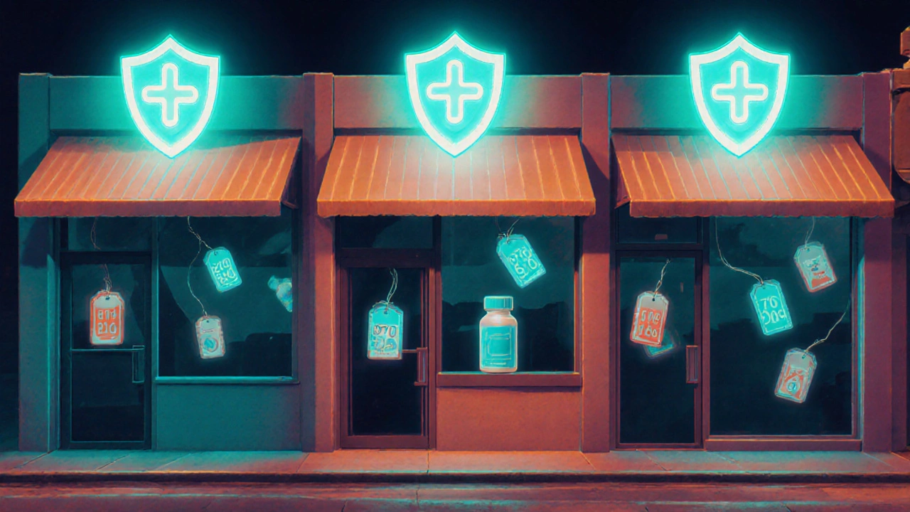 Three pharmacy storefronts with shield icons and tablet bottles indicating safe purchase.