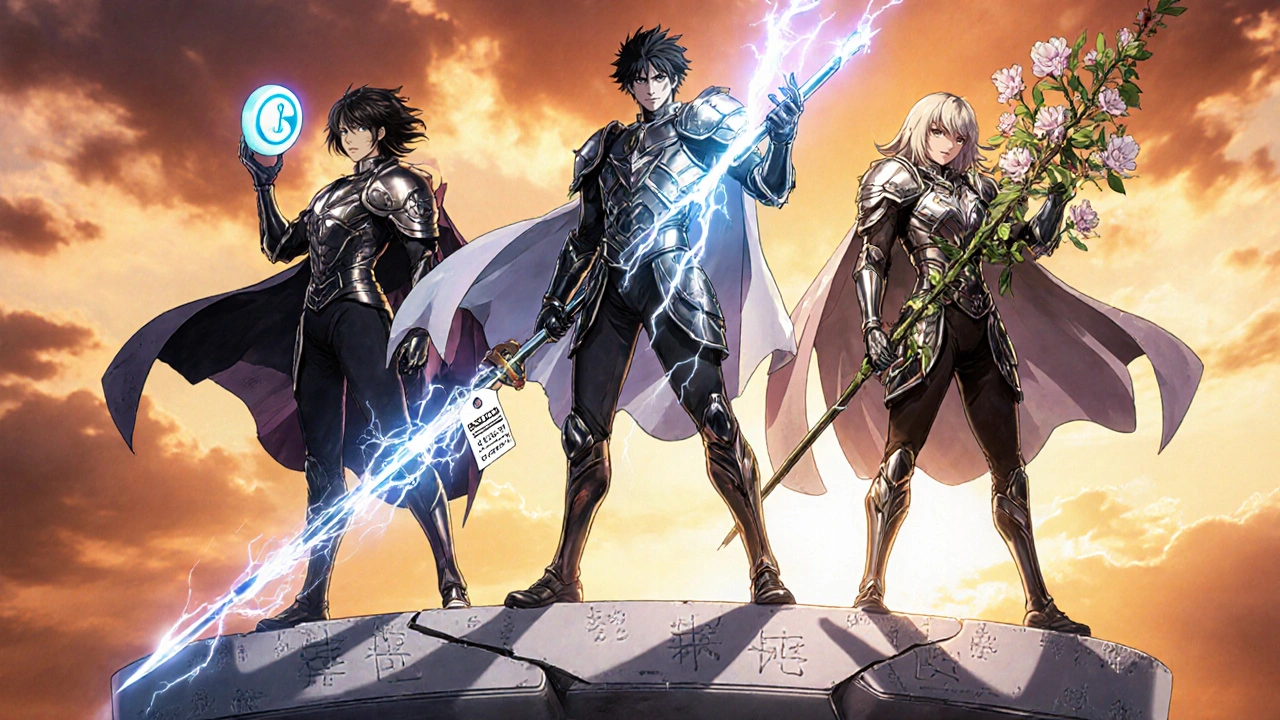 Three symbolic figures representing prednisone, methylprednisolone, and hydrocortisone standing on a broken Omnacortil tablet.