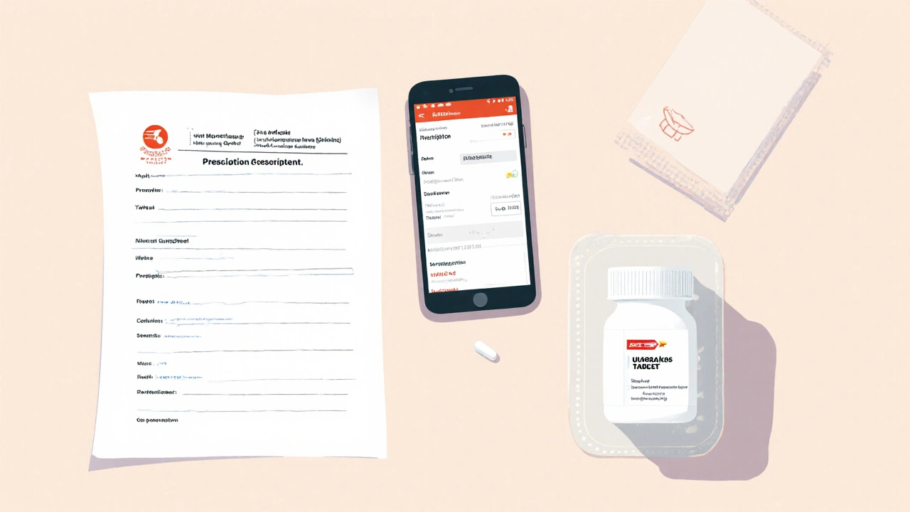 Top‑down view of prescription, phone upload screen, shipping box, and Singulair tablet bottle.