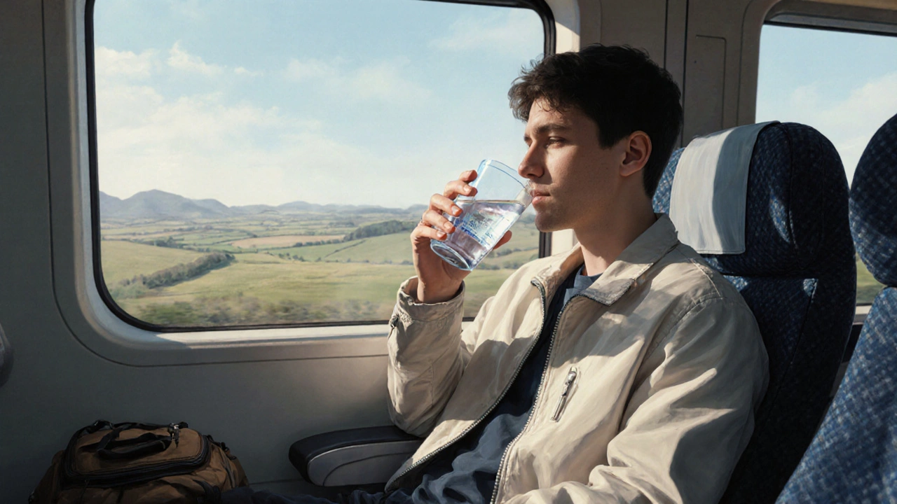 Traveler drinking oral rehydration solution on a train, looking relieved.