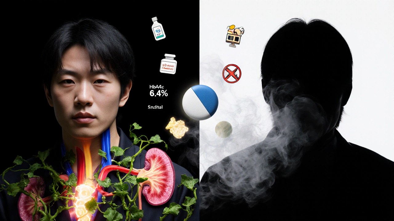 Two patients with symbolic health improvements flanking a floating pill, surrounded by medical icons and warning symbols in dramatic anime style.