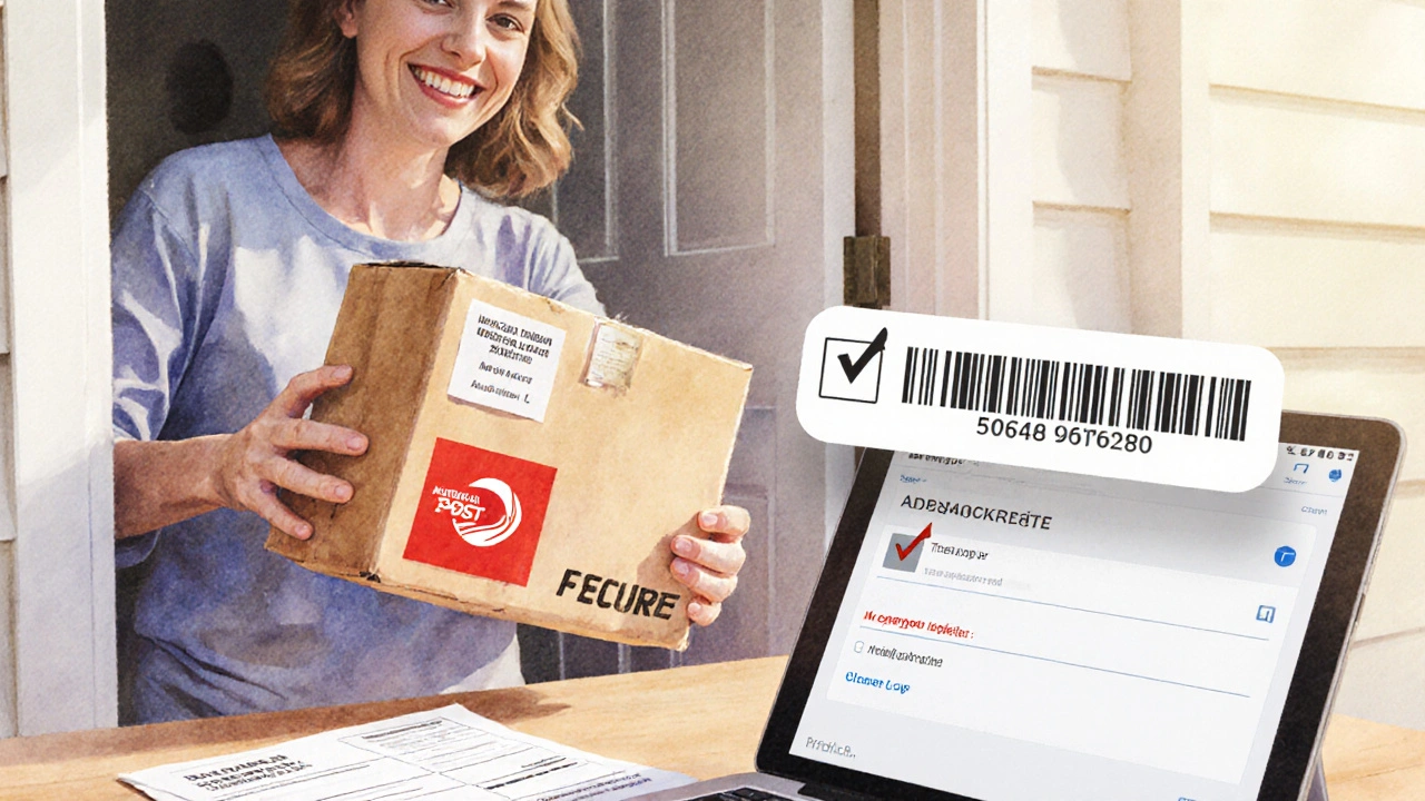 Woman receiving a TGA‑registered medication package with Australia Post logo at her door.