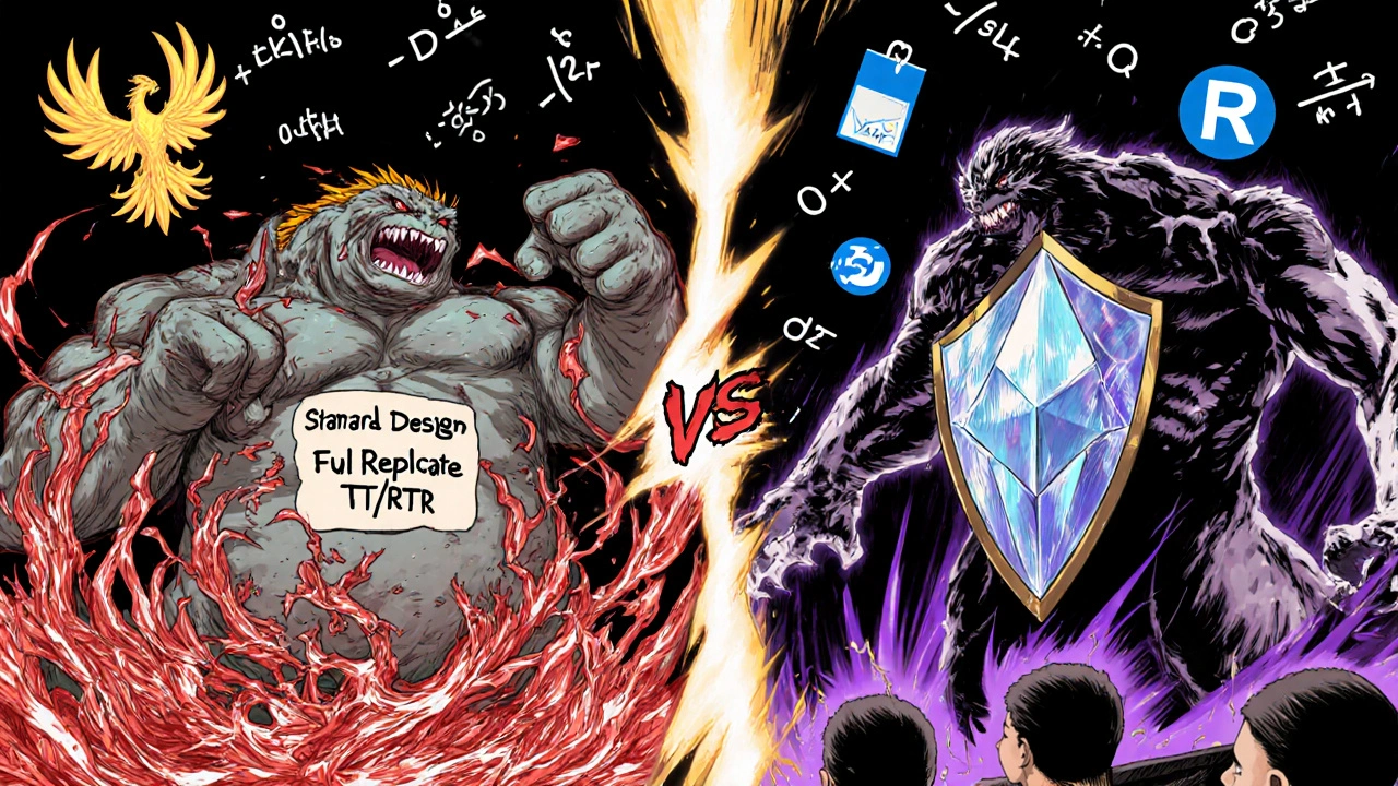 A battle between chaotic drug variability and a precise replicate design, illustrated with statistical symbols and energy bursts.