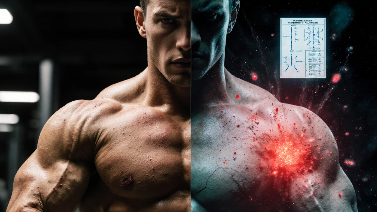 A bodybuilder with erupting acne lesions, surrounded by glowing yeast cells and intense lighting.