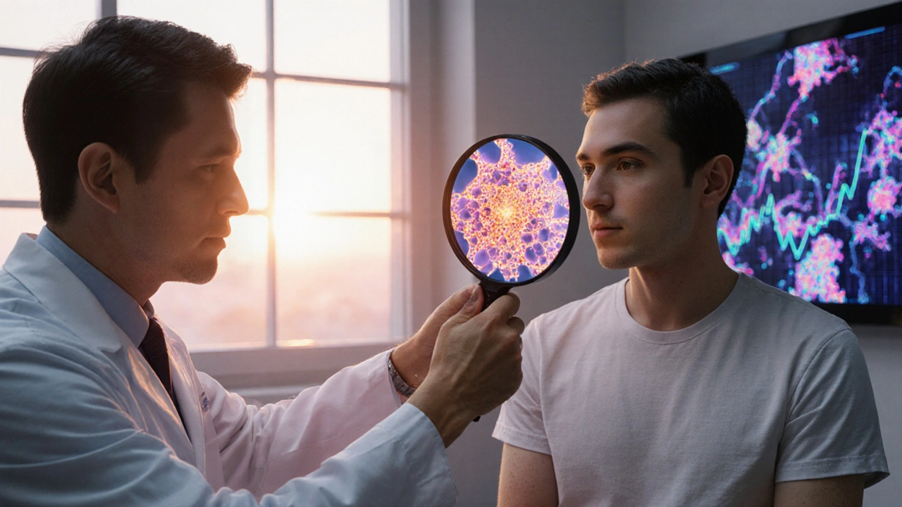 A dermatologist examining skin under magnifying glass, with microscopic inflammation patterns and sunrise in background.