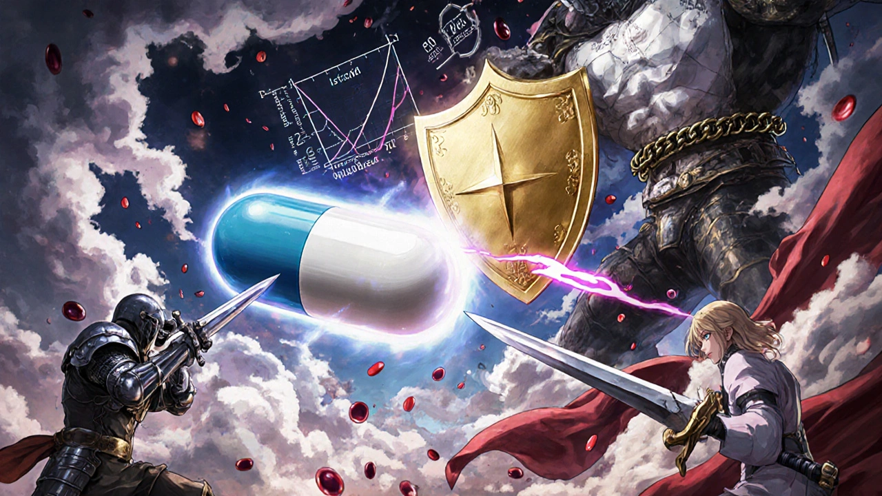 A giant generic drug tablet battling a branded pill in a surreal battlefield with pharmacokinetic energy.