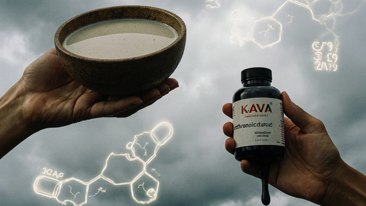 A hand holding traditional kava bowl beside a cracking bottle of risky extract, with enzyme runes in the sky.