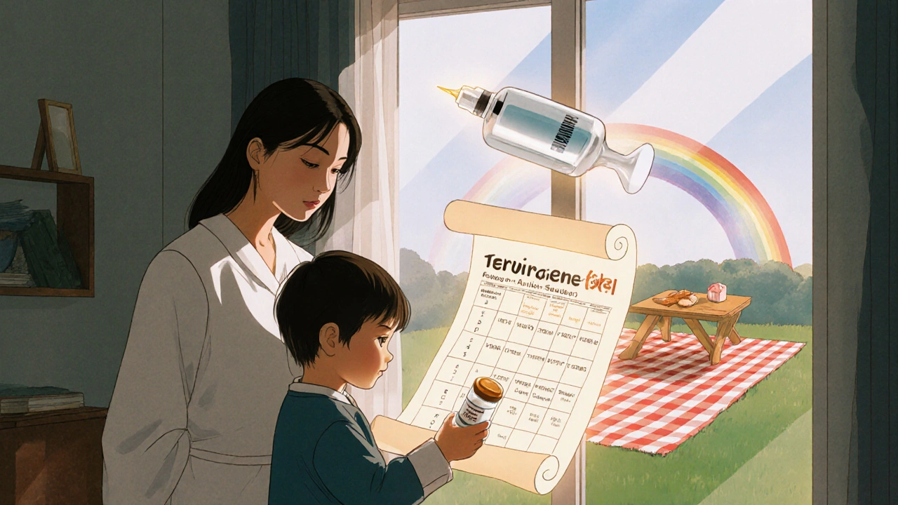 A mother and child at home with a glowing dosing chart and epinephrine nearby, rainbow outside symbolizing freedom.